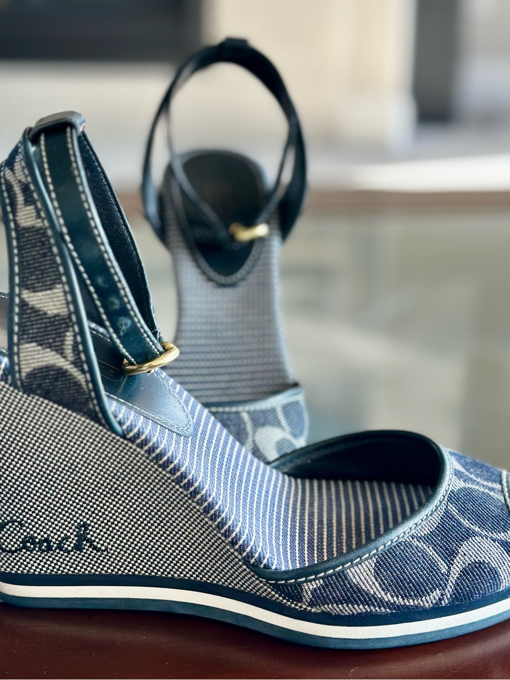 Coach Blue and White Signature Wedge Sandals